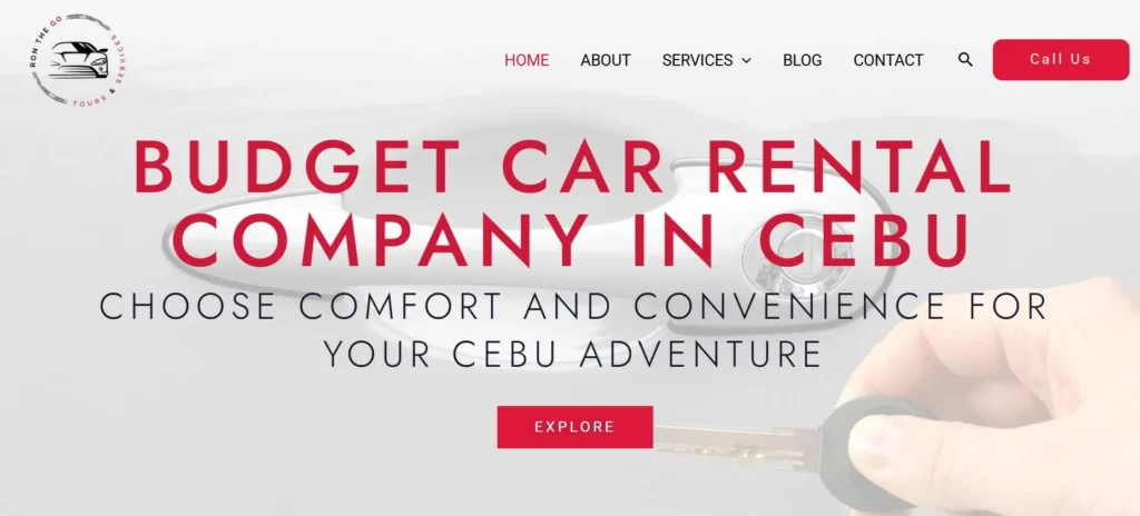 Homepage of Ron the Go Tours & Services, a budget car rental company in Cebu that has gained visibility through strategic local SEO.