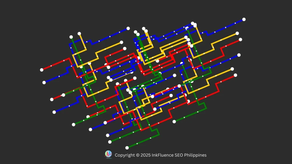 Abstract network pattern of colored lines connecting white dots, symbolizing complex website structure and technical SEO pathways.